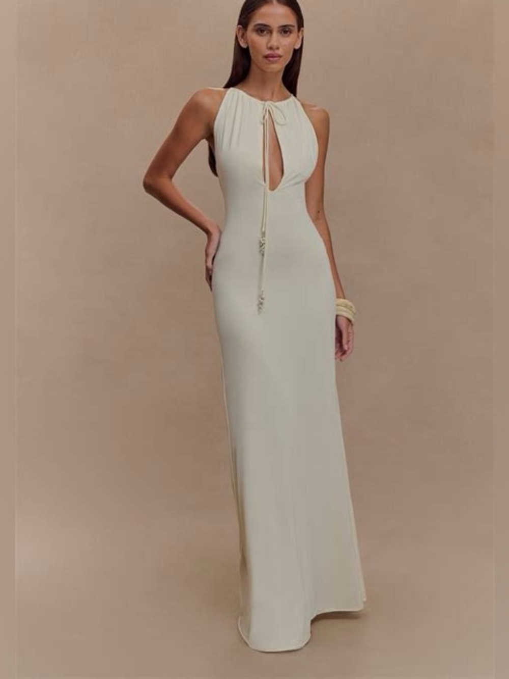 Sleeveless Cream Halter Maxi Dress with Keyhole Tie